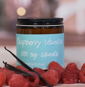 Raspberry Vanilla Soy Candle in Amber Glass Jar